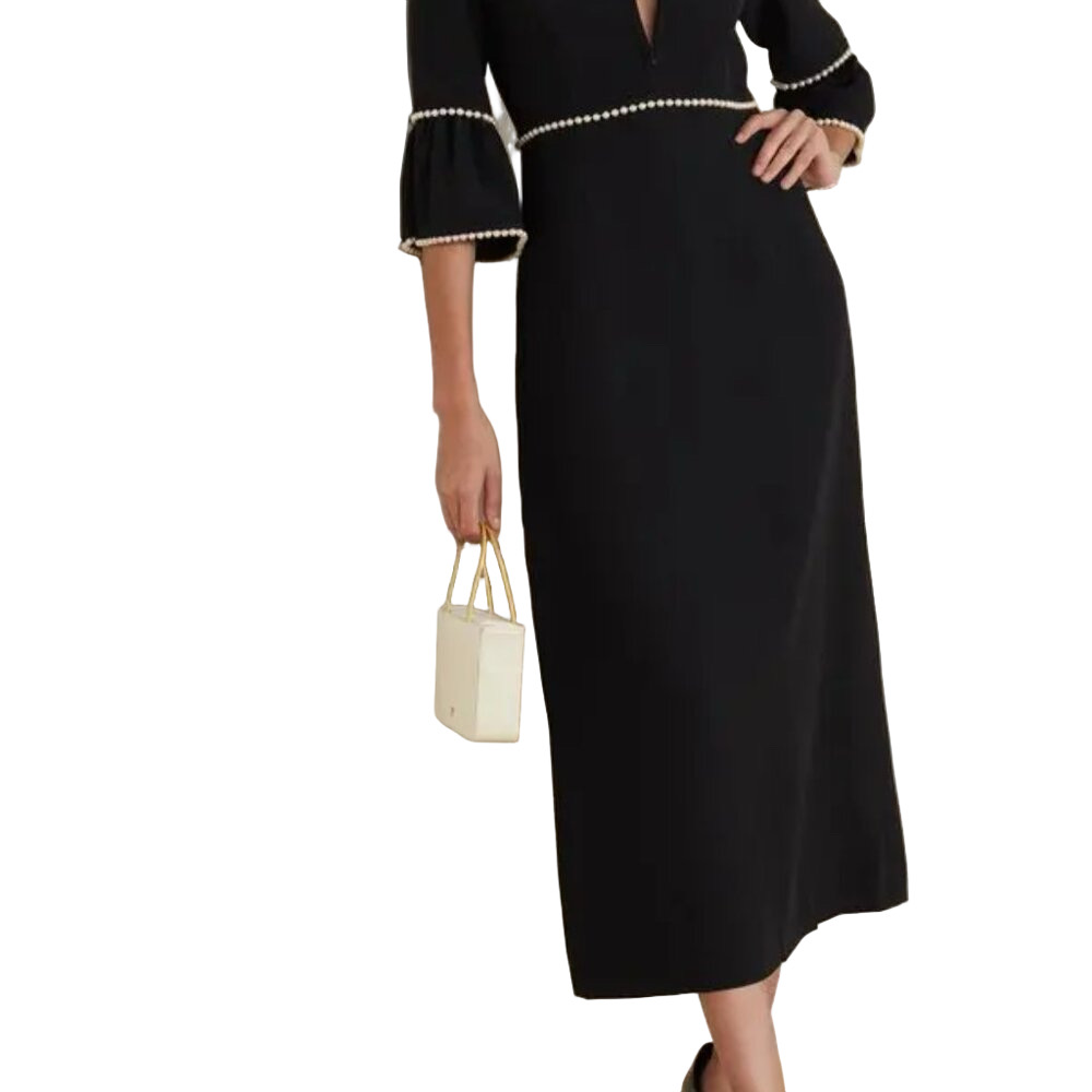 NEW ANDREW GN Faux Pearl-Embellished Crepe Midi Dress Black Size 12